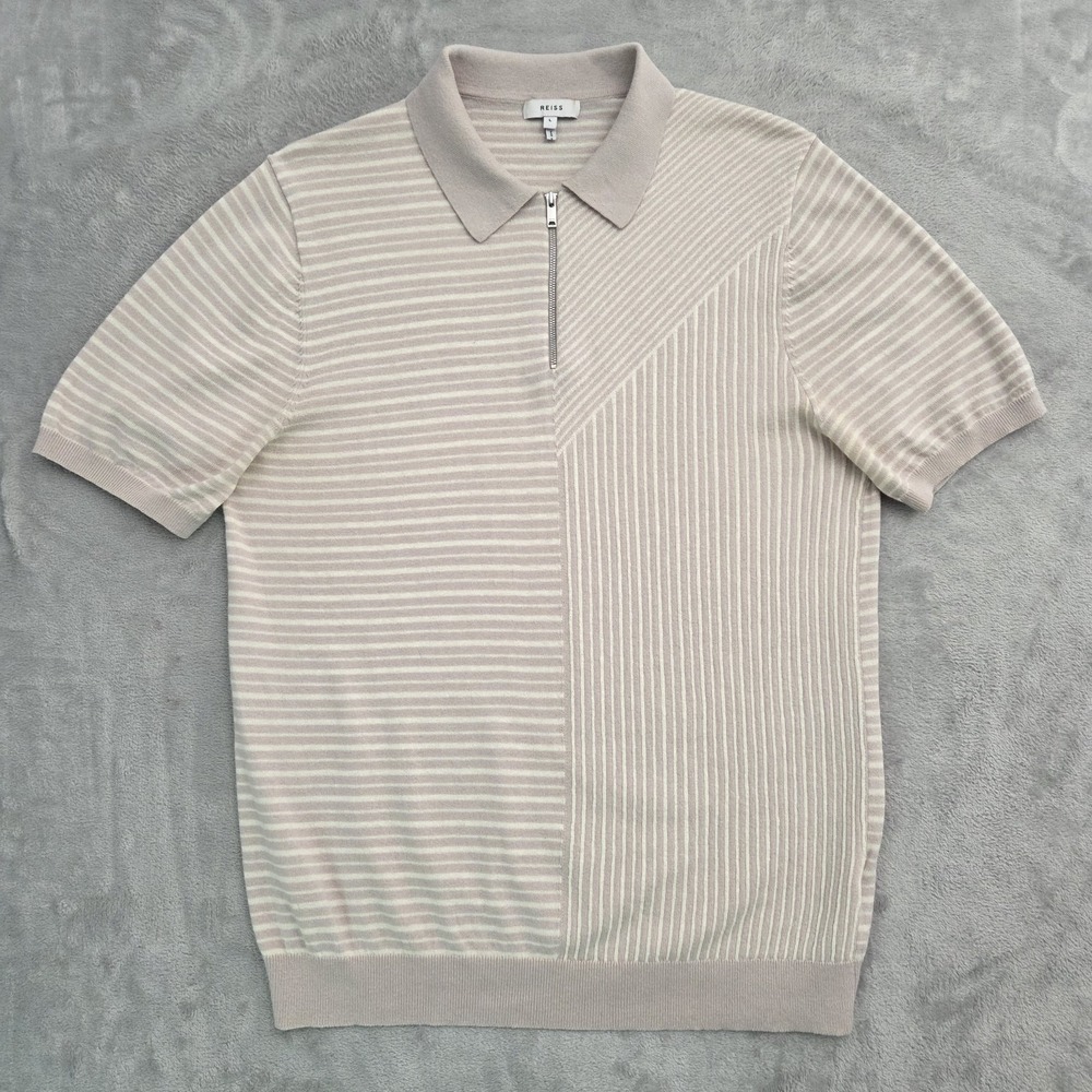Reiss 1/4 Zip Knit Polo Shirt Mens L The Wriggle Wool Cotton Short Sleeve Beige